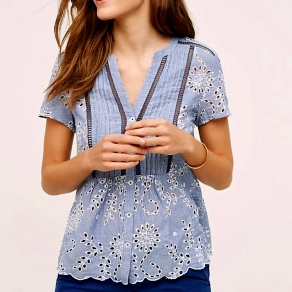 EUC Anthropologie Holding Horses Babydoll Eyelet Top Size 12 - Picture 1 of 8